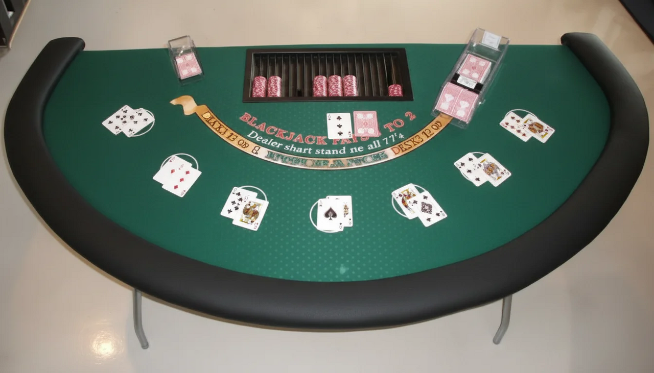 Table felt printed with the blackjack payout rule beside the betting box